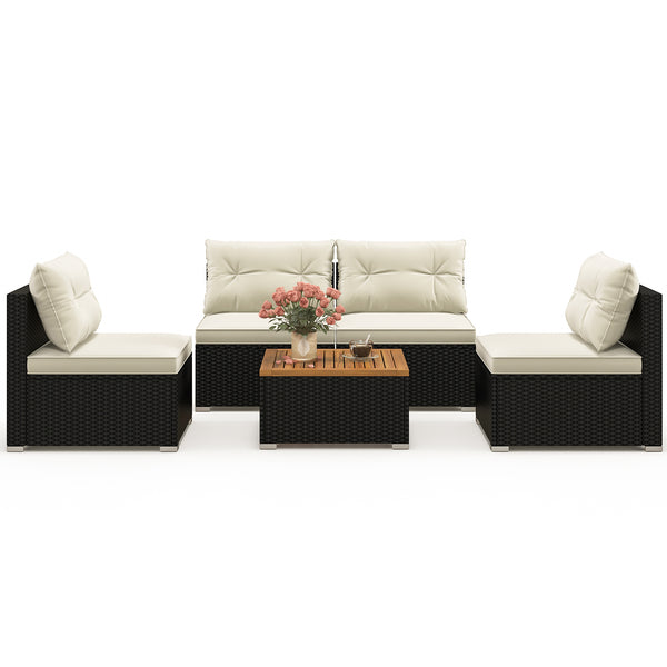 Premium PE rattan for much elegance and long service life<br>Elastic cushions make all the 4 chairs cozier to sit<br>Zippers make seat cushion covers simple to remove and wash<br>Stable X-shaped metal frame offers strong support<br>L-shaped footpads and f