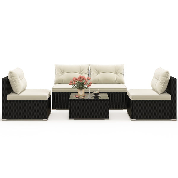 Rustproof steel frame for better outdoor adaptability<br>Durable black PE wicker for sun protection and fade resistance<br>Ensure strong stability thanks to its sturdy construction<br>Can be placed on different grounds with adjustable raised foot pads<br>