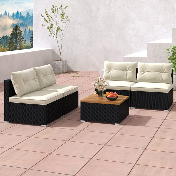Premium PE rattan for much elegance and long service life<br>Elastic cushions make all the 4 chairs cozier to sit<br>Zippers make seat cushion covers simple to remove and wash<br>Stable X-shaped metal frame offers strong support<br>L-shaped footpads and f