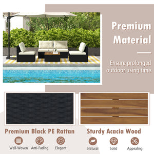 Premium PE rattan for much elegance and long service life<br>Elastic cushions make all the 4 chairs cozier to sit<br>Zippers make seat cushion covers simple to remove and wash<br>Stable X-shaped metal frame offers strong support<br>L-shaped footpads and f