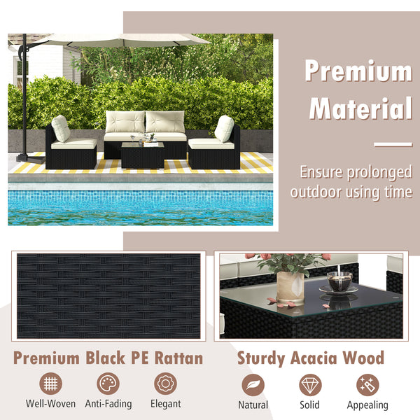 Rustproof steel frame for better outdoor adaptability<br>Durable black PE wicker for sun protection and fade resistance<br>Ensure strong stability thanks to its sturdy construction<br>Can be placed on different grounds with adjustable raised foot pads<br>
