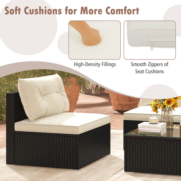 Rustproof steel frame for better outdoor adaptability<br>Durable black PE wicker for sun protection and fade resistance<br>Ensure strong stability thanks to its sturdy construction<br>Can be placed on different grounds with adjustable raised foot pads<br>