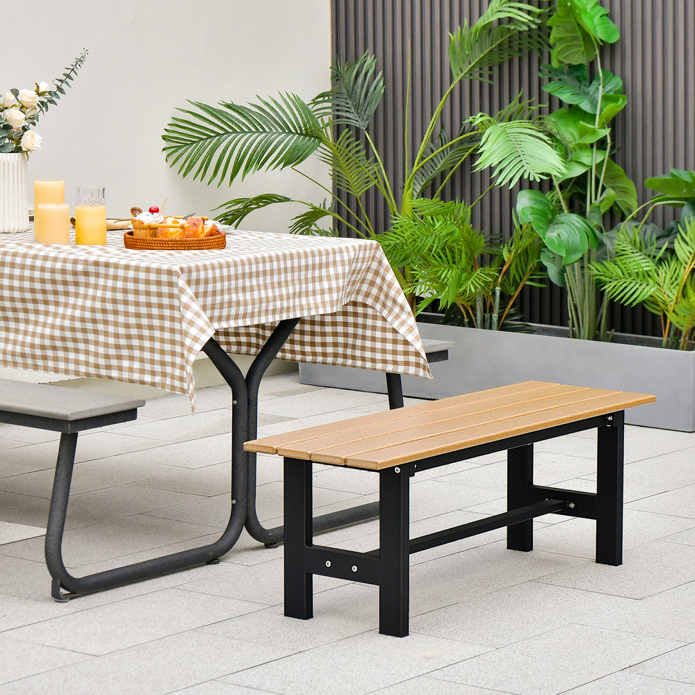 The bench is made of HDPE which features weather and water resistance.<br>Equipped with protective foot cover for added safety.<br>Featuring strong hardware fitting  this bench chair features high stability and sturdiness.<br>Outdoor patio chair is suitab