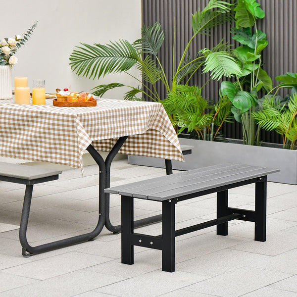 The bench is made of HDPE which features weather and water resistance.<br>Equipped with protective foot cover for added safety.<br>Featuring strong hardware fitting  this bench chair features high stability and sturdiness.<br>Outdoor patio chair is suitab