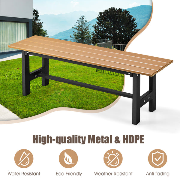 The bench is made of HDPE which features weather and water resistance.<br>Equipped with protective foot cover for added safety.<br>Featuring strong hardware fitting  this bench chair features high stability and sturdiness.<br>Outdoor patio chair is suitab
