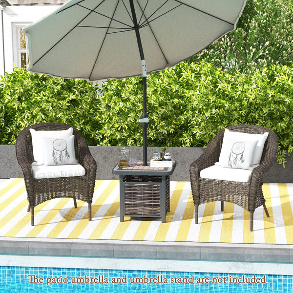 All-weather resin tabletop is scratch-resistant and allows for easy cleaning<br>21.5" square tabletop to keep items you need within reach<br>Allow you to insert your own patio umbrella for shade (not included)<br>Premium PE rattan is breathable  colorfast