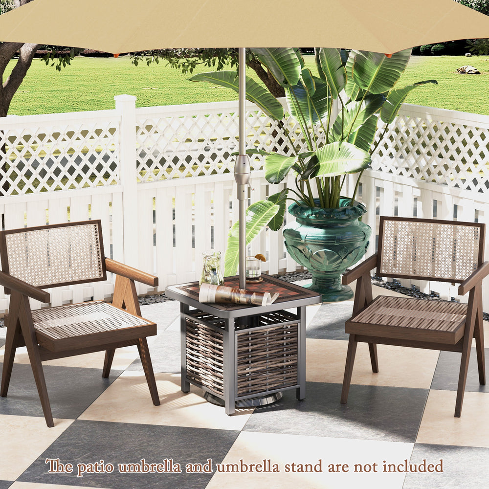 All-weather resin tabletop is scratch-resistant and allows for easy cleaning<br>21.5" square tabletop to keep items you need within reach<br>Allow you to insert your own patio umbrella for shade (not included)<br>Premium PE rattan is breathable  colorfast