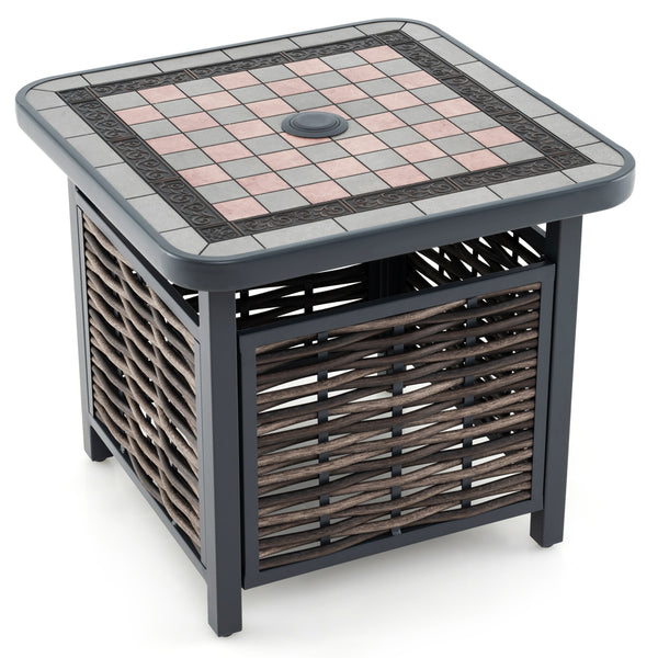All-weather resin tabletop is scratch-resistant and allows for easy cleaning<br>21.5" square tabletop to keep items you need within reach<br>Allow you to insert your own patio umbrella for shade (not included)<br>Premium PE rattan is breathable  colorfast
