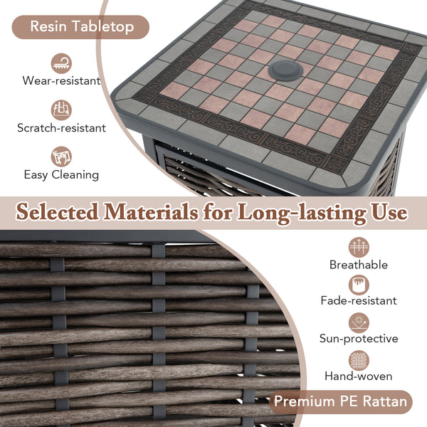 All-weather resin tabletop is scratch-resistant and allows for easy cleaning<br>21.5" square tabletop to keep items you need within reach<br>Allow you to insert your own patio umbrella for shade (not included)<br>Premium PE rattan is breathable  colorfast