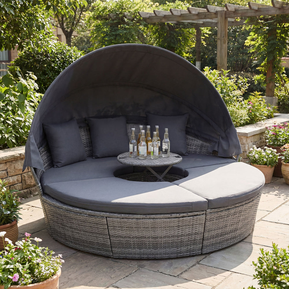 Pack in 4 boxes (screws in box 2)  delivery time may vary<br>Retractable canopy for reading  resting or sunbathing<br>Premium gas strut for smooth opening/closing<br>Keep canopy in position thanks to its fixed ropes<br>Hand-wove mix gray PE wicker for sun