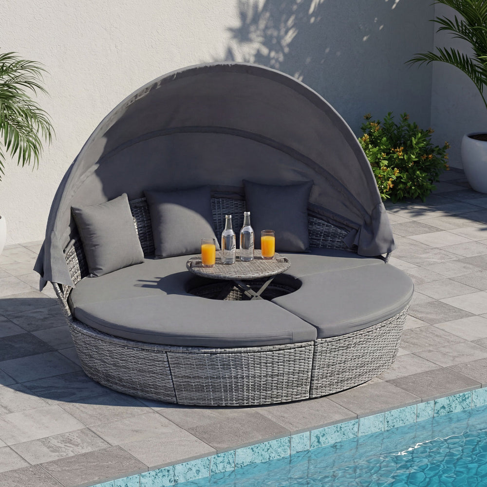 Pack in 4 boxes (screws in box 2)  delivery time may vary<br>Retractable canopy for reading  resting or sunbathing<br>Premium gas strut for smooth opening/closing<br>Keep canopy in position thanks to its fixed ropes<br>Hand-wove mix gray PE wicker for sun