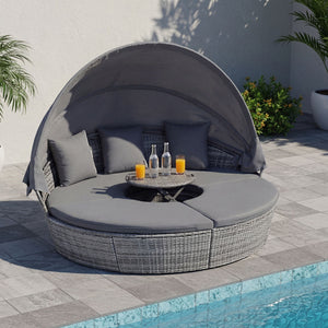 Pack in 4 boxes (screws in box 2)  delivery time may vary<br>Retractable canopy for reading  resting or sunbathing<br>Premium gas strut for smooth opening/closing<br>Keep canopy in position thanks to its fixed ropes<br>Hand-wove mix gray PE wicker for sun