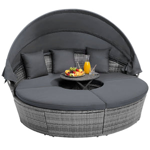 Pack in 4 boxes (screws in box 2)  delivery time may vary<br>Retractable canopy for reading  resting or sunbathing<br>Premium gas strut for smooth opening/closing<br>Keep canopy in position thanks to its fixed ropes<br>Hand-wove mix gray PE wicker for sun