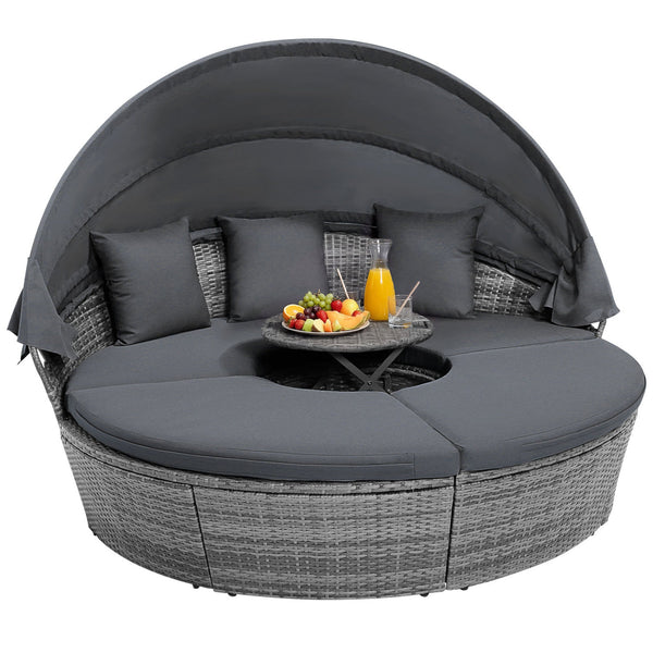 Pack in 4 boxes (screws in box 2)  delivery time may vary<br>Retractable canopy for reading  resting or sunbathing<br>Premium gas strut for smooth opening/closing<br>Keep canopy in position thanks to its fixed ropes<br>Hand-wove mix gray PE wicker for sun