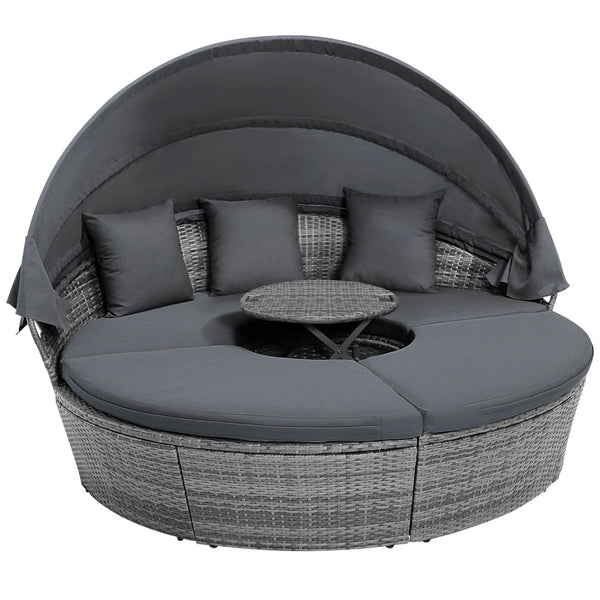 Pack in 4 boxes (screws in box 2)  delivery time may vary<br>Retractable canopy for reading  resting or sunbathing<br>Premium gas strut for smooth opening/closing<br>Keep canopy in position thanks to its fixed ropes<br>Hand-wove mix gray PE wicker for sun