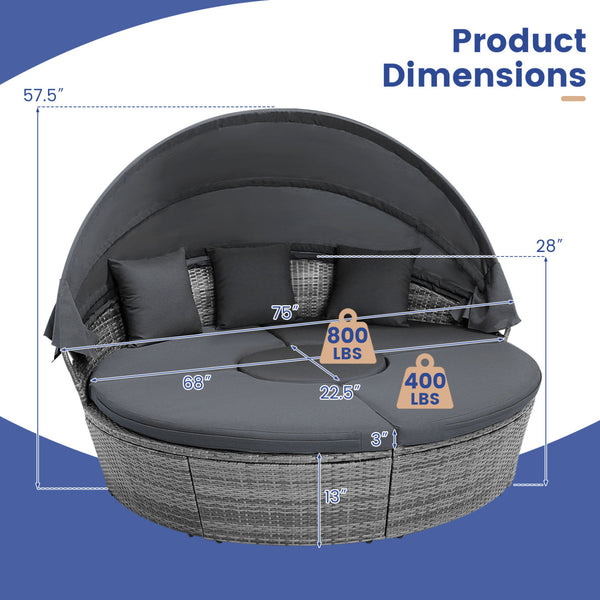 Pack in 4 boxes (screws in box 2)  delivery time may vary<br>Retractable canopy for reading  resting or sunbathing<br>Premium gas strut for smooth opening/closing<br>Keep canopy in position thanks to its fixed ropes<br>Hand-wove mix gray PE wicker for sun