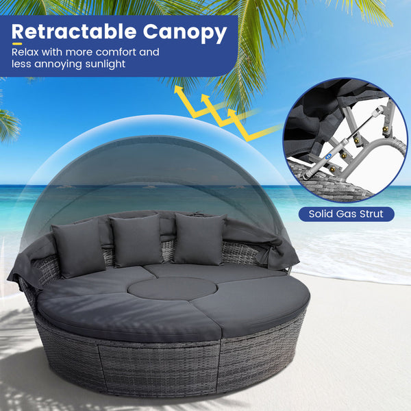 Pack in 4 boxes (screws in box 2)  delivery time may vary<br>Retractable canopy for reading  resting or sunbathing<br>Premium gas strut for smooth opening/closing<br>Keep canopy in position thanks to its fixed ropes<br>Hand-wove mix gray PE wicker for sun