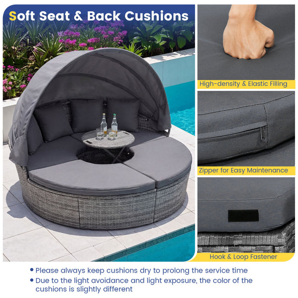 Pack in 4 boxes (screws in box 2)  delivery time may vary<br>Retractable canopy for reading  resting or sunbathing<br>Premium gas strut for smooth opening/closing<br>Keep canopy in position thanks to its fixed ropes<br>Hand-wove mix gray PE wicker for sun