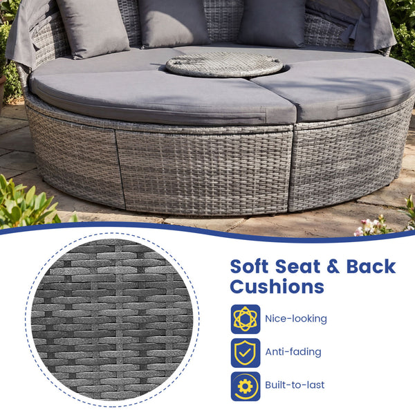 Pack in 4 boxes (screws in box 2)  delivery time may vary<br>Retractable canopy for reading  resting or sunbathing<br>Premium gas strut for smooth opening/closing<br>Keep canopy in position thanks to its fixed ropes<br>Hand-wove mix gray PE wicker for sun
