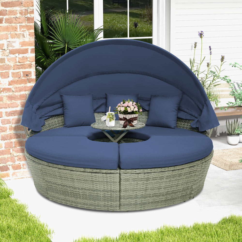 Pack in 4 boxes (screws in box 2)  delivery time may vary<br>Retractable canopy for reading  resting or sunbathing<br>Premium gas strut for smooth opening/closing<br>Keep canopy in position thanks to its fixed ropes<br>Hand-wove mix gray PE wicker for sun