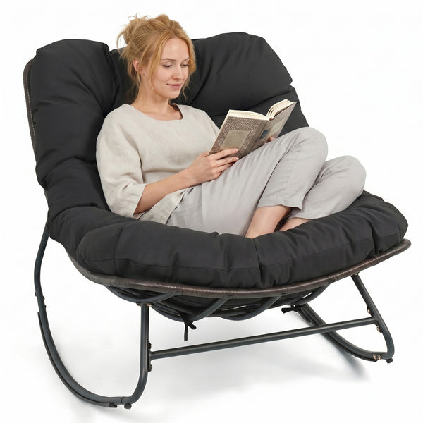 Ergonomic egg-shaped design for back  lumbar  hip and leg support<br>6.5" thickness of cushion relieves pressure for long sitting<br>The cushion removes easily with secure fixing straps<br>Gentle  calm rocking to enhance your outdoor relaxation<br>Built-i