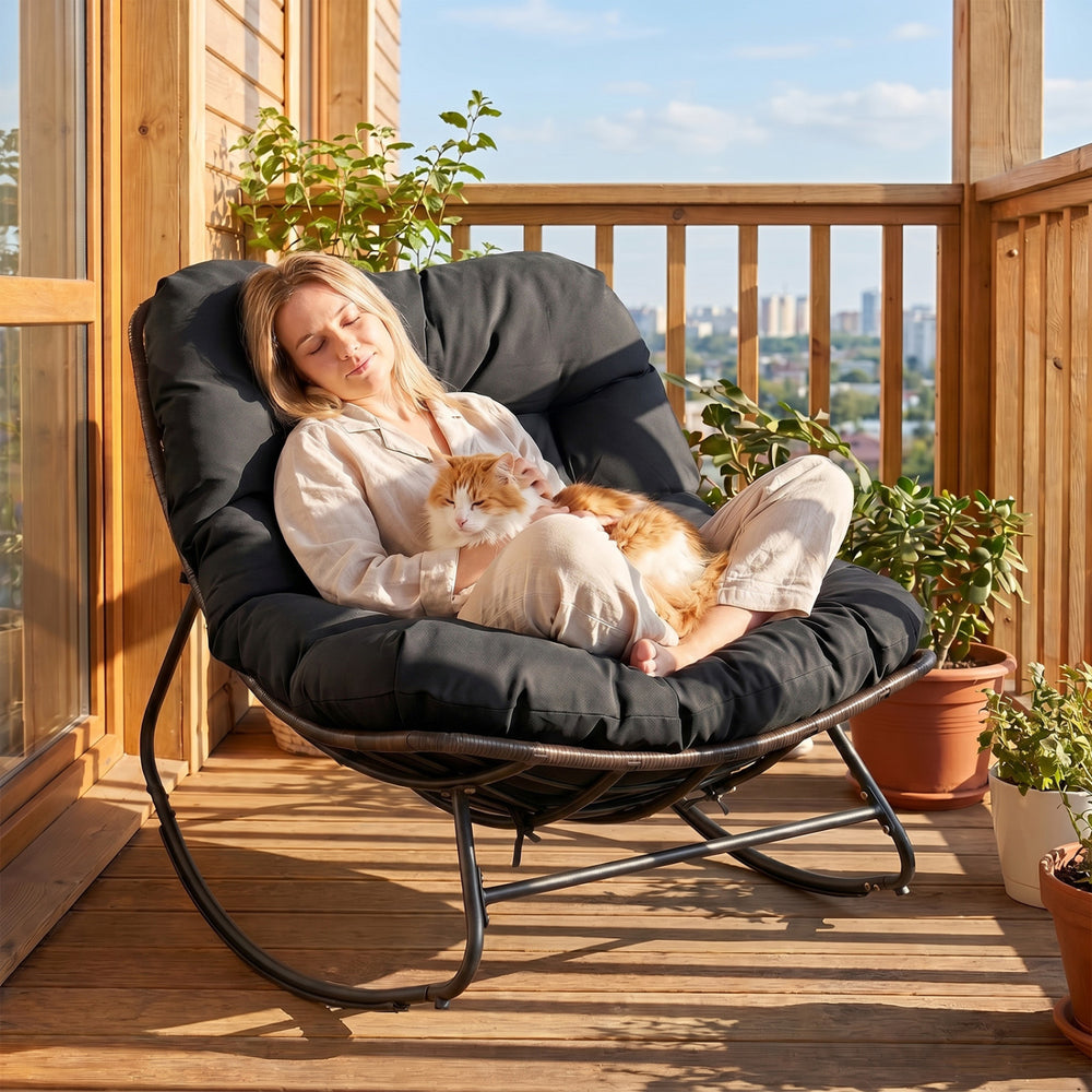 Ergonomic egg-shaped design for back  lumbar  hip and leg support<br>6.5" thickness of cushion relieves pressure for long sitting<br>The cushion removes easily with secure fixing straps<br>Gentle  calm rocking to enhance your outdoor relaxation<br>Built-i