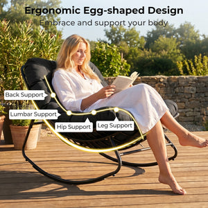 Ergonomic egg-shaped design for back  lumbar  hip and leg support<br>6.5" thickness of cushion relieves pressure for long sitting<br>The cushion removes easily with secure fixing straps<br>Gentle  calm rocking to enhance your outdoor relaxation<br>Built-i