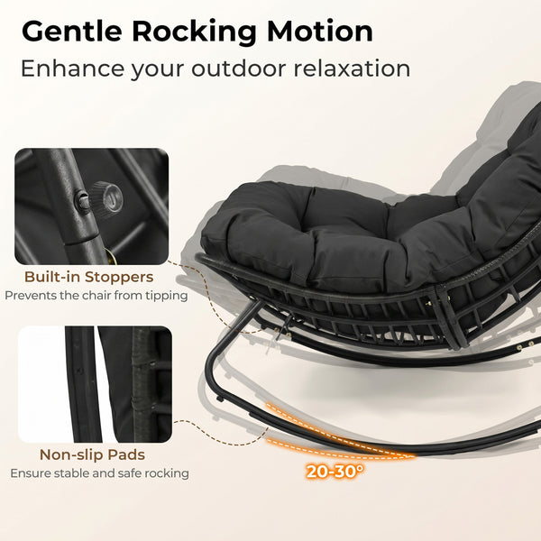 Ergonomic egg-shaped design for back  lumbar  hip and leg support<br>6.5" thickness of cushion relieves pressure for long sitting<br>The cushion removes easily with secure fixing straps<br>Gentle  calm rocking to enhance your outdoor relaxation<br>Built-i