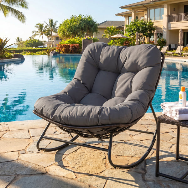Ergonomic egg-shaped design for back  lumbar  hip and leg support<br>6.5" thickness of cushion relieves pressure for long sitting<br>The cushion removes easily with secure fixing straps<br>Gentle  calm rocking to enhance your outdoor relaxation<br>Built-i
