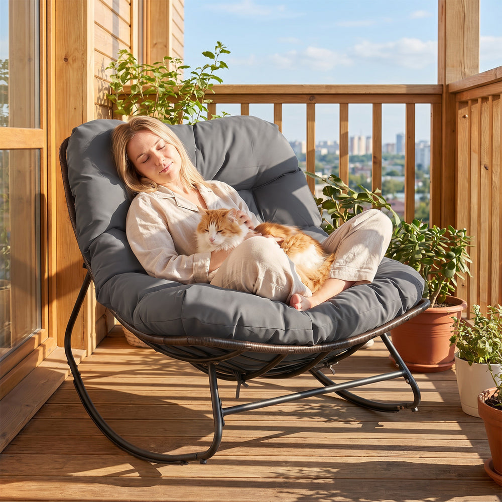 Ergonomic egg-shaped design for back  lumbar  hip and leg support<br>6.5" thickness of cushion relieves pressure for long sitting<br>The cushion removes easily with secure fixing straps<br>Gentle  calm rocking to enhance your outdoor relaxation<br>Built-i