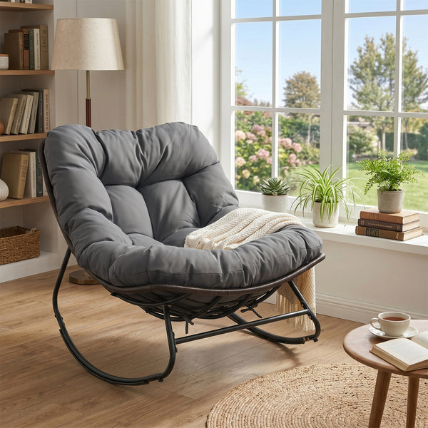Ergonomic egg-shaped design for back  lumbar  hip and leg support<br>6.5" thickness of cushion relieves pressure for long sitting<br>The cushion removes easily with secure fixing straps<br>Gentle  calm rocking to enhance your outdoor relaxation<br>Built-i