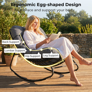 Ergonomic egg-shaped design for back  lumbar  hip and leg support<br>6.5" thickness of cushion relieves pressure for long sitting<br>The cushion removes easily with secure fixing straps<br>Gentle  calm rocking to enhance your outdoor relaxation<br>Built-i
