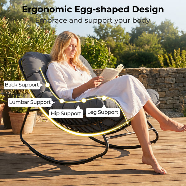 Ergonomic egg-shaped design for back  lumbar  hip and leg support<br>6.5" thickness of cushion relieves pressure for long sitting<br>The cushion removes easily with secure fixing straps<br>Gentle  calm rocking to enhance your outdoor relaxation<br>Built-i