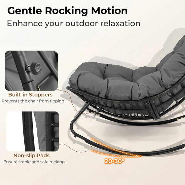 Ergonomic egg-shaped design for back  lumbar  hip and leg support<br>6.5" thickness of cushion relieves pressure for long sitting<br>The cushion removes easily with secure fixing straps<br>Gentle  calm rocking to enhance your outdoor relaxation<br>Built-i