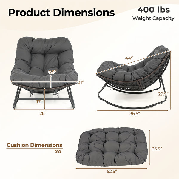 Ergonomic egg-shaped design for back  lumbar  hip and leg support<br>6.5" thickness of cushion relieves pressure for long sitting<br>The cushion removes easily with secure fixing straps<br>Gentle  calm rocking to enhance your outdoor relaxation<br>Built-i