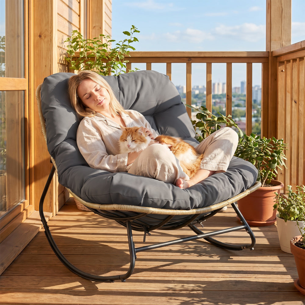 Â Ergonomic egg-shaped design for back  lumbar  hip and leg support<br>Â 6.5"/16 cm thickness of cushion relieves pressure for long sitting<br>Â The cushion removes easily with secure fixing straps<br>Â Gentle  calm rocking to enhance your outdoor relaxat
