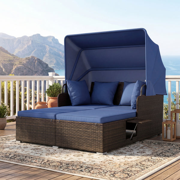 Comfortable to sit or lie with wide seat and soft cushions<br>Zippered design for easy removal and maintenance of cushion covers<br>Retractable canopy allows you to relax in the sunshade<br>Pneumatic rod for easy and safe adjustment<br>Fixing ropes keep t