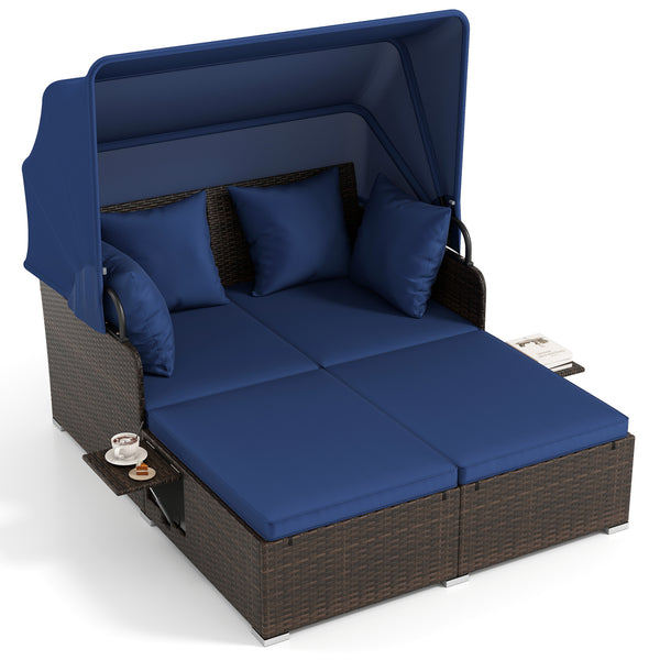 Comfortable to sit or lie with wide seat and soft cushions<br>Zippered design for easy removal and maintenance of cushion covers<br>Retractable canopy allows you to relax in the sunshade<br>Pneumatic rod for easy and safe adjustment<br>Fixing ropes keep t