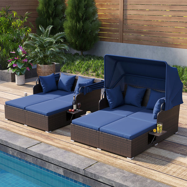 Comfortable to sit or lie with wide seat and soft cushions<br>Zippered design for easy removal and maintenance of cushion covers<br>Retractable canopy allows you to relax in the sunshade<br>Pneumatic rod for easy and safe adjustment<br>Fixing ropes keep t