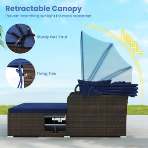 Comfortable to sit or lie with wide seat and soft cushions<br>Zippered design for easy removal and maintenance of cushion covers<br>Retractable canopy allows you to relax in the sunshade<br>Pneumatic rod for easy and safe adjustment<br>Fixing ropes keep t