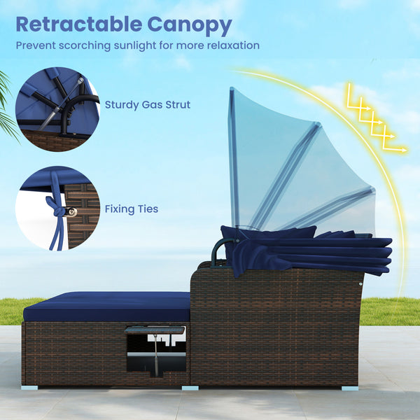 Comfortable to sit or lie with wide seat and soft cushions<br>Zippered design for easy removal and maintenance of cushion covers<br>Retractable canopy allows you to relax in the sunshade<br>Pneumatic rod for easy and safe adjustment<br>Fixing ropes keep t