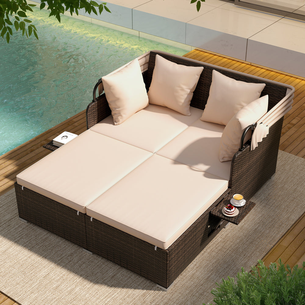 Comfortable to sit or lie with wide seat and soft cushions<br>Zippered design for easy removal and maintenance of cushion covers<br>Retractable canopy allows you to relax in the sunshade<br>Pneumatic rod for easy and safe adjustment<br>Fixing ropes keep t