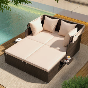 Comfortable to sit or lie with wide seat and soft cushions<br>Zippered design for easy removal and maintenance of cushion covers<br>Retractable canopy allows you to relax in the sunshade<br>Pneumatic rod for easy and safe adjustment<br>Fixing ropes keep t