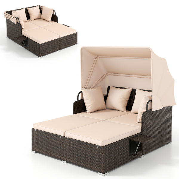 Comfortable to sit or lie with wide seat and soft cushions<br>Zippered design for easy removal and maintenance of cushion covers<br>Retractable canopy allows you to relax in the sunshade<br>Pneumatic rod for easy and safe adjustment<br>Fixing ropes keep t