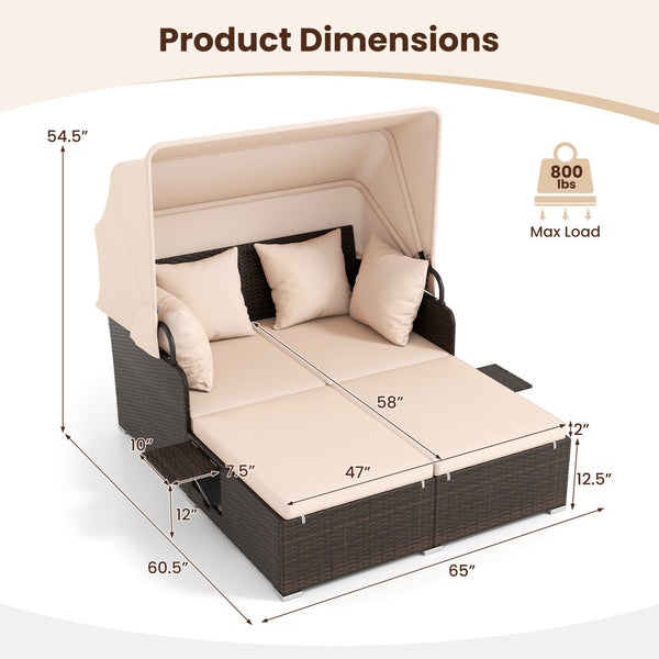 Comfortable to sit or lie with wide seat and soft cushions<br>Zippered design for easy removal and maintenance of cushion covers<br>Retractable canopy allows you to relax in the sunshade<br>Pneumatic rod for easy and safe adjustment<br>Fixing ropes keep t