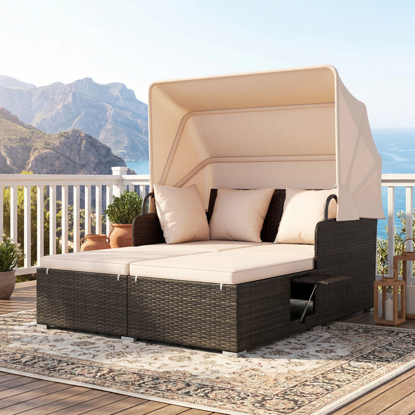 Comfortable to sit or lie with wide seat and soft cushions<br>Zippered design for easy removal and maintenance of cushion covers<br>Retractable canopy allows you to relax in the sunshade<br>Pneumatic rod for easy and safe adjustment<br>Fixing ropes keep t