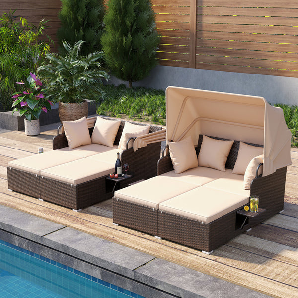 Comfortable to sit or lie with wide seat and soft cushions<br>Zippered design for easy removal and maintenance of cushion covers<br>Retractable canopy allows you to relax in the sunshade<br>Pneumatic rod for easy and safe adjustment<br>Fixing ropes keep t