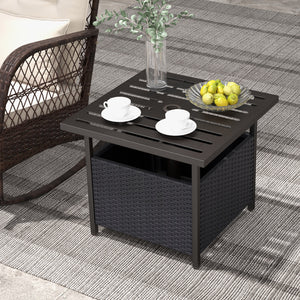 Features a sturdy and anti-rust frame made of powder-coated steel <br>Strong bearing capacity of up to 110 lbs <br>A reserved umbrella hole on the tabletop designed to hold umbrella poles with a diameter of up to 1.5 inches <br>Storage under the tabletop 