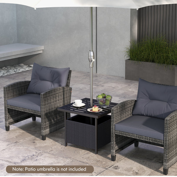 Features a sturdy and anti-rust frame made of powder-coated steel <br>Strong bearing capacity of up to 110 lbs <br>A reserved umbrella hole on the tabletop designed to hold umbrella poles with a diameter of up to 1.5 inches <br>Storage under the tabletop 