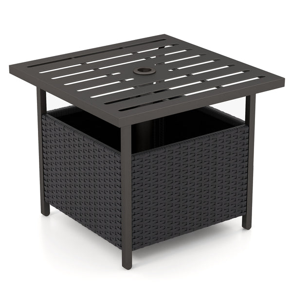 Features a sturdy and anti-rust frame made of powder-coated steel <br>Strong bearing capacity of up to 110 lbs <br>A reserved umbrella hole on the tabletop designed to hold umbrella poles with a diameter of up to 1.5 inches <br>Storage under the tabletop 